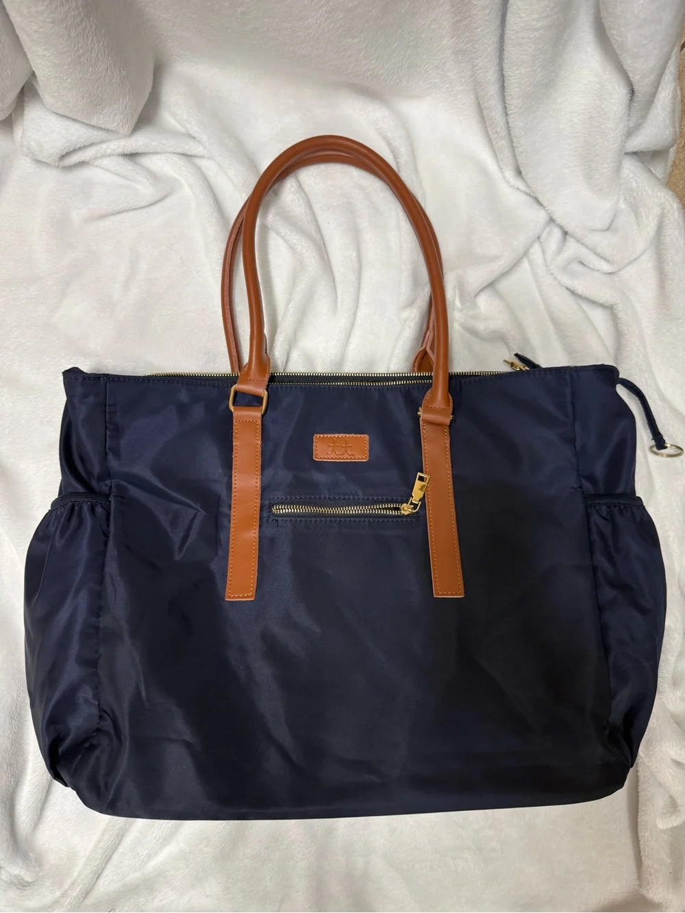 Navy Nylon Tote with Tan Handles